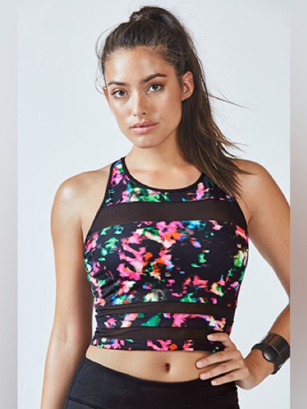 Fabletics Kate Hudson Malina Midi Sports Bra in Chroma Print Black $44.95